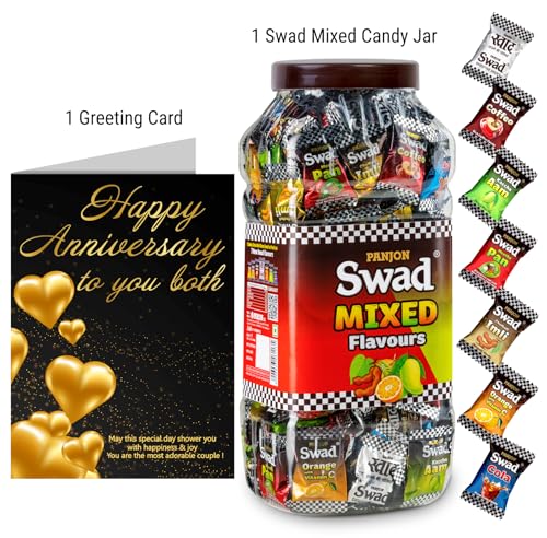 Image of Swad Happy Anniversary Friends Gift with Card (Swad Mixed Flavours Candy 200 Jar & 1 Greeting card) 2 units