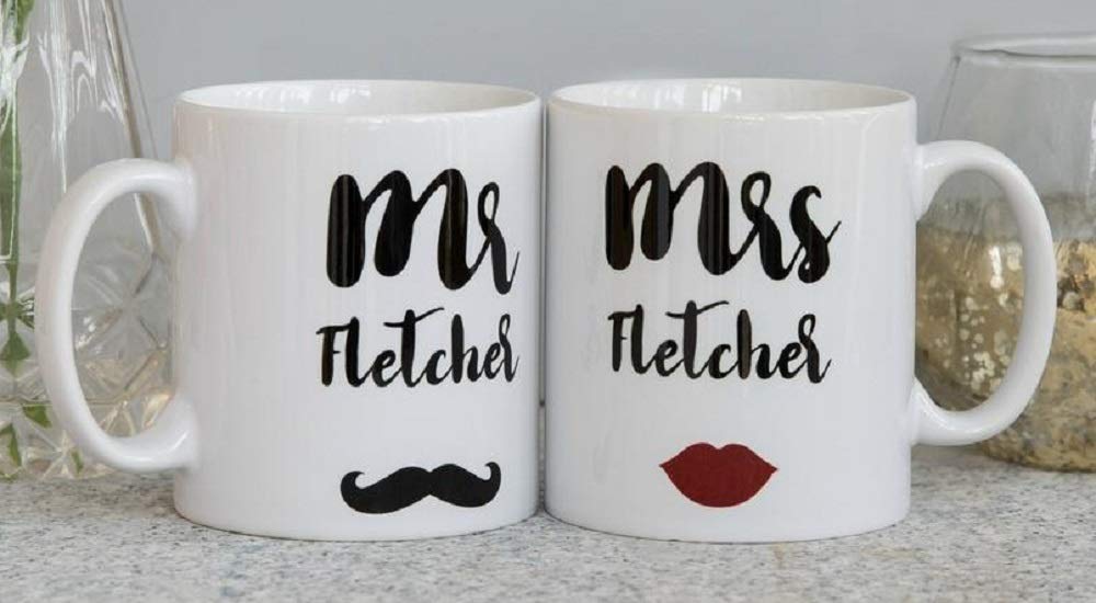 NOT JUST A PRINT Personalised Wedding Gift – Mr & Mrs, Mr & Mr, Mrs & Mrs Mug with Moustache & Red Lips Design