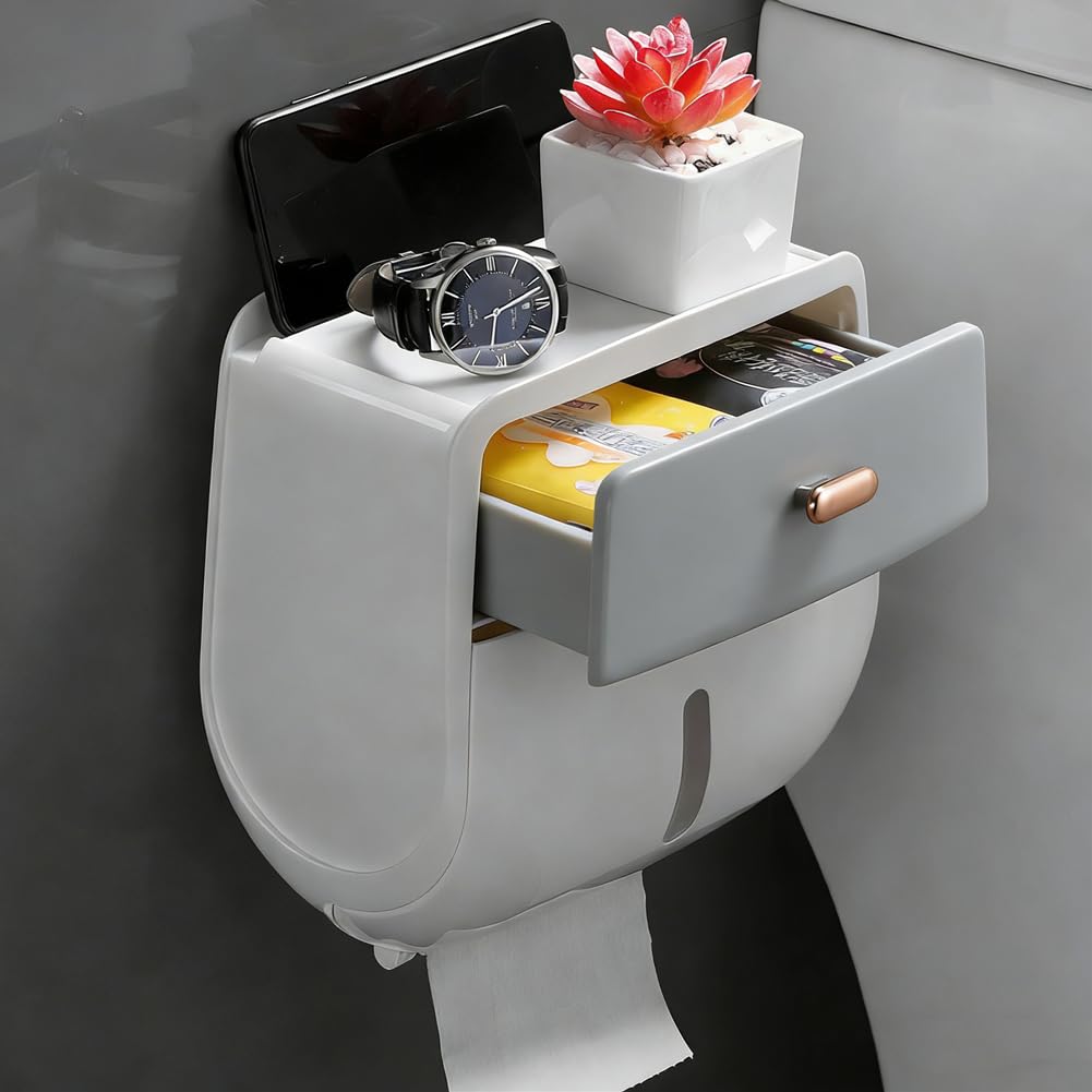 Toilet Paper Holder, Self Adhesive Wall Mount Full Cover Toilet Roll Holder with Drawer & Shelf for Bathroom, ABS Multi-Functional Fold Paper Towel Dispenser