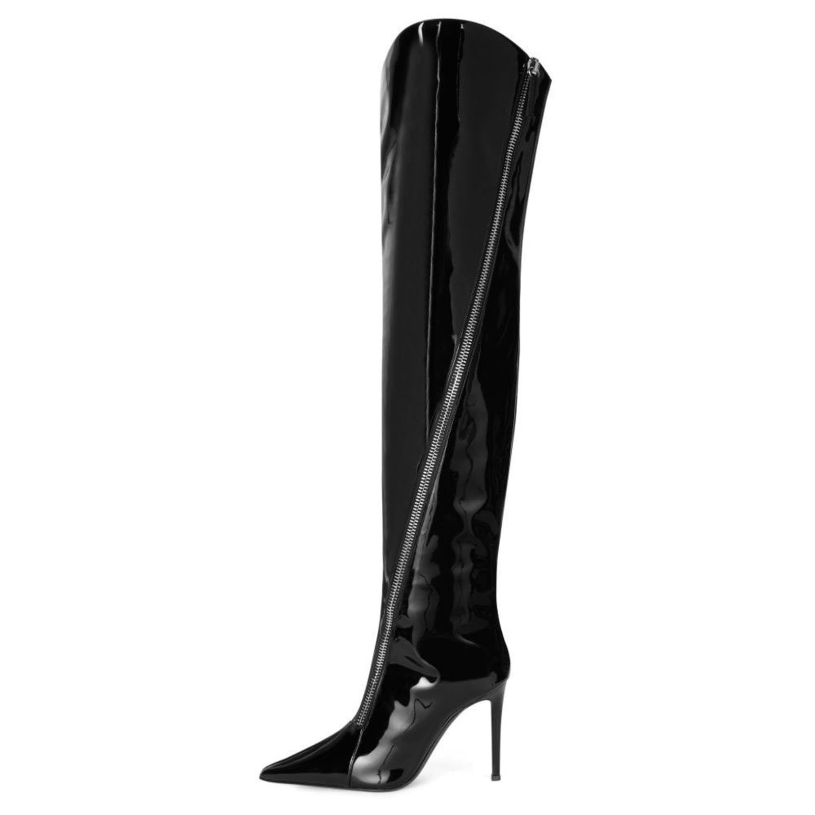 Tacchi Donna Tacchi Alti 13 Cm Stivali in Pelle Alti al Ginocchio Tacco Fine a Punta,Black-43