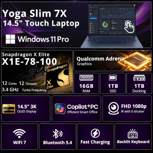 Image of Lenovo Yoga Slim 7X 14.5'' 3K OLED Copilot+ PC Touch Laptop, Snapdragon X Elite, 16GB LPDDR5X, 2TB Storage(1TB SSD +1TB Docking Station), Adreno Graphics, Wi‑Fi 7, Backlit Keyboard, Win11 Pro, Blue
