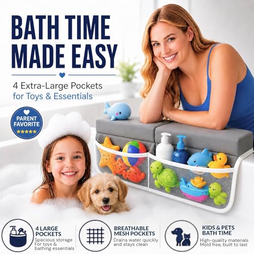 Image of Comfortable Baby Bath Kneeler and Elbow Rest Pad Set, Non-Slip Bathtub Kneeling Pad for Bathing Baby, Bath Tub Cushion Mat, Elbow Pads, Toy Organizer Storage Pockets, Strong Suction Cups