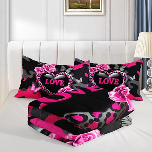 Image of QOOMO 3Pcs Flowers Comforter Set Twin Size,Leopard Print Bedding Set for Teens Boys Girls,Pink Comforter with 2 Pillowcases,Soft and Lightweight