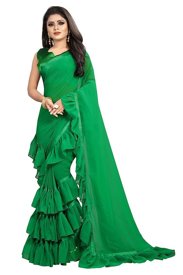 VIBRANCESaree Ruffle Georgette Ethnic Indian Women Party Wear Frill Designer Border Sari