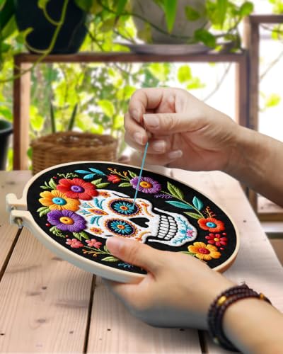 Image of TINDTOP Embroidery Kit for Adult Beginners, Embroidery DIY Starter Kit, with Stamped Patterns, Hoop, Tools, Colorful Threads with Needles, Instructions (Skeleton B)