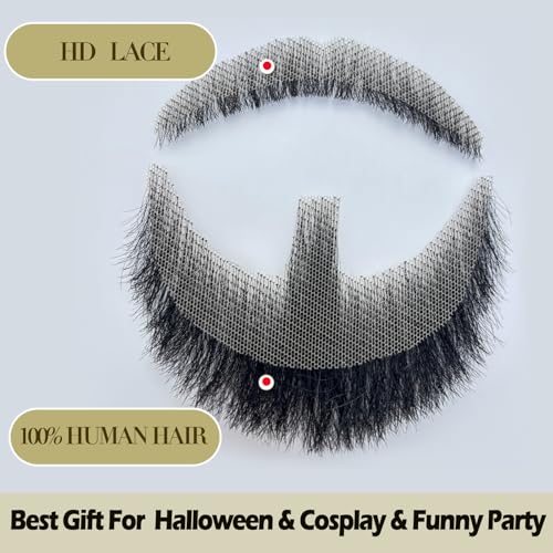 Koskusder FAKE BEARD-HZ03-BLACK Fake Beard Realistic Mustache 100% Human Hair Costume Facial Hair Fake Goatee Mustache Full Hand Tied Lace Fake Mustache For Halloween Drama Party Movie Cosplay thumb #7