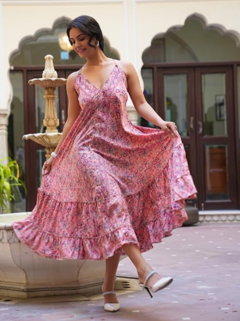 Image of Yash Gallery Women's Wrinkle-Free Floral Printed Sleeveless Maxi Dress with Spaghetti Straps One-piece