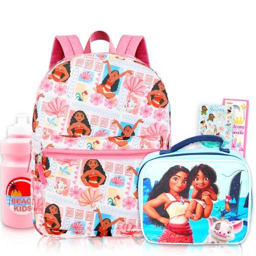 Disney Conjunto de mochila e lancheira Moana para meninas – Pacote com mochila de 41 cm, lancheira, adesivos, garrafa de água, mais | Mochila escolar Moana com lancheira para crianças