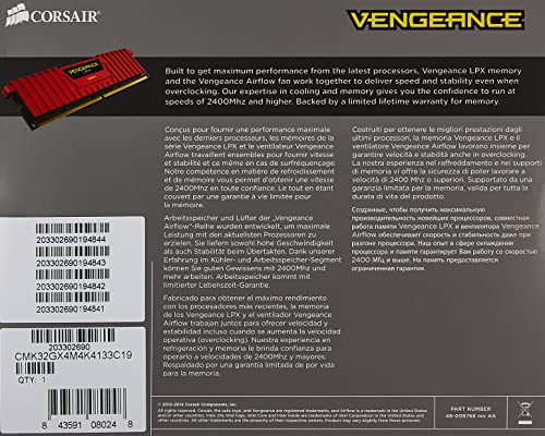 Image of Corsair CMK32GX4M4K4133C19 VENGEANCE LPX 32GB (4x8GB) DDR4 4133 (PC4-33000) C19 PC Memory Black