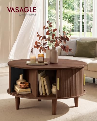 Image of VASAGLE Round Coffee Table, Lift Top Coffee Table with Tambour Sliding Door