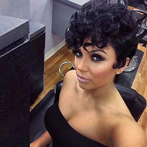 Brennas Hair Short Curly Non Lace Front Wigs Human Hair for Women Bob Curly Brazilian Virgin Hair Pixie Cut Full Machine MadePre Plucked Bleached Knots Natural Black Color 150% Density