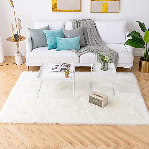 Tapete decorativo 5x7 pies blanco peludo suave miniatura 2