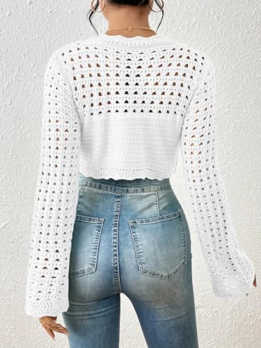 Image of Women's Crochet Lightweight Crop Sweaters Summer Boho Tops Long Sleeve Hollow Out Short Knitwear