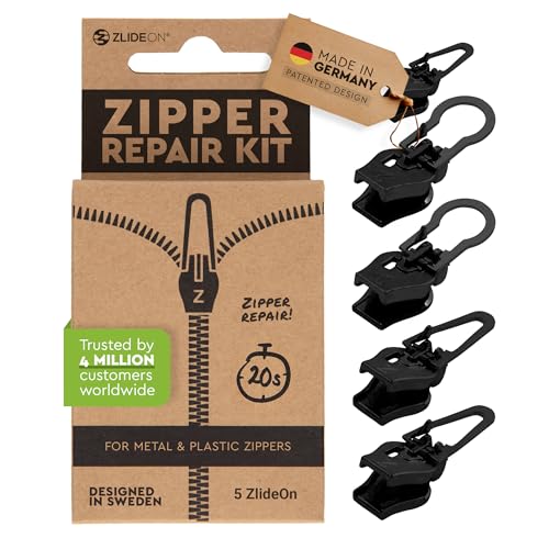 Zlideon Universal Zipper Repair Kit for Plastic & Metal Zippers Multipack - 5pcs, Black | Instant...