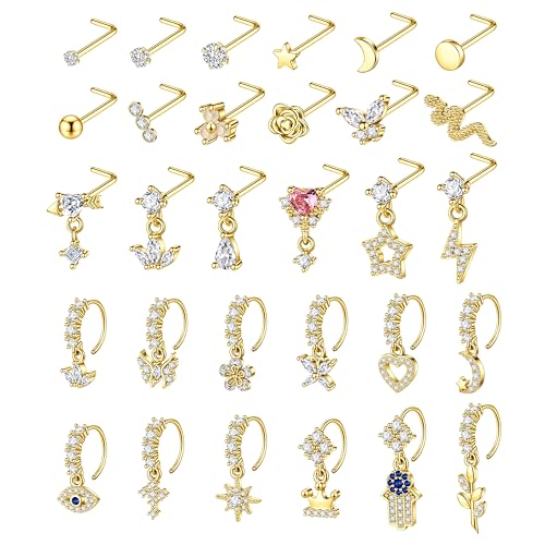 WAINIS 30Pcs 20G Dangle Nose Ring for Women L Shaped Dangling Nose Stud Surgical Steel Nose Ring Studs Dainty Flower Heart Moon Star Dangle Rings Hoops Nose Piercing