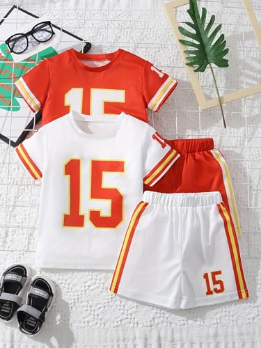 Image of Boys Shorts Set 4 Pieces Athletic Outfits Short Sleeve Tee Shirt and Shorts Casual Summer Set 3-12Y