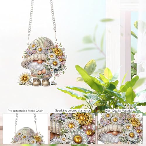 Image of AiYuanzsh Gnome with Daisy Diamond Painting Hanging Kit, 5D DIY Acrylic Special Shaped Diamond Art Pendant Ornament for Wall, Door, or Garden Decor, Spring & Holiday Diamond Art Kit for Adults