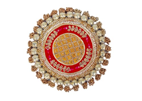Image of Handmade Gota Patti Work Plate, Table Decor & Base for Statues, Gods, Plants, Craftsmanship with Golden Moti Detailing, Gift for Diwali, Birthdays, Housewarming (Size 11 Inches)