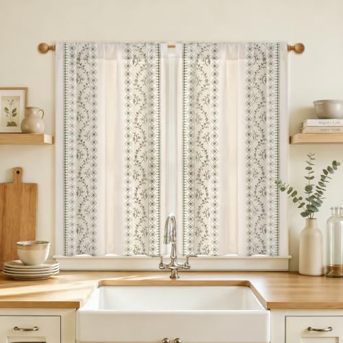 Image of Yinhua Boho Kitchen Curtains 36 Inch Length Sage Green Embroidered Floral Cafe Curtains, Farmhouse Light Filtering Kitchen Window Curtain Rod Pocket Short Tier Curtains for Windows, 26 inch W x 36 inch L