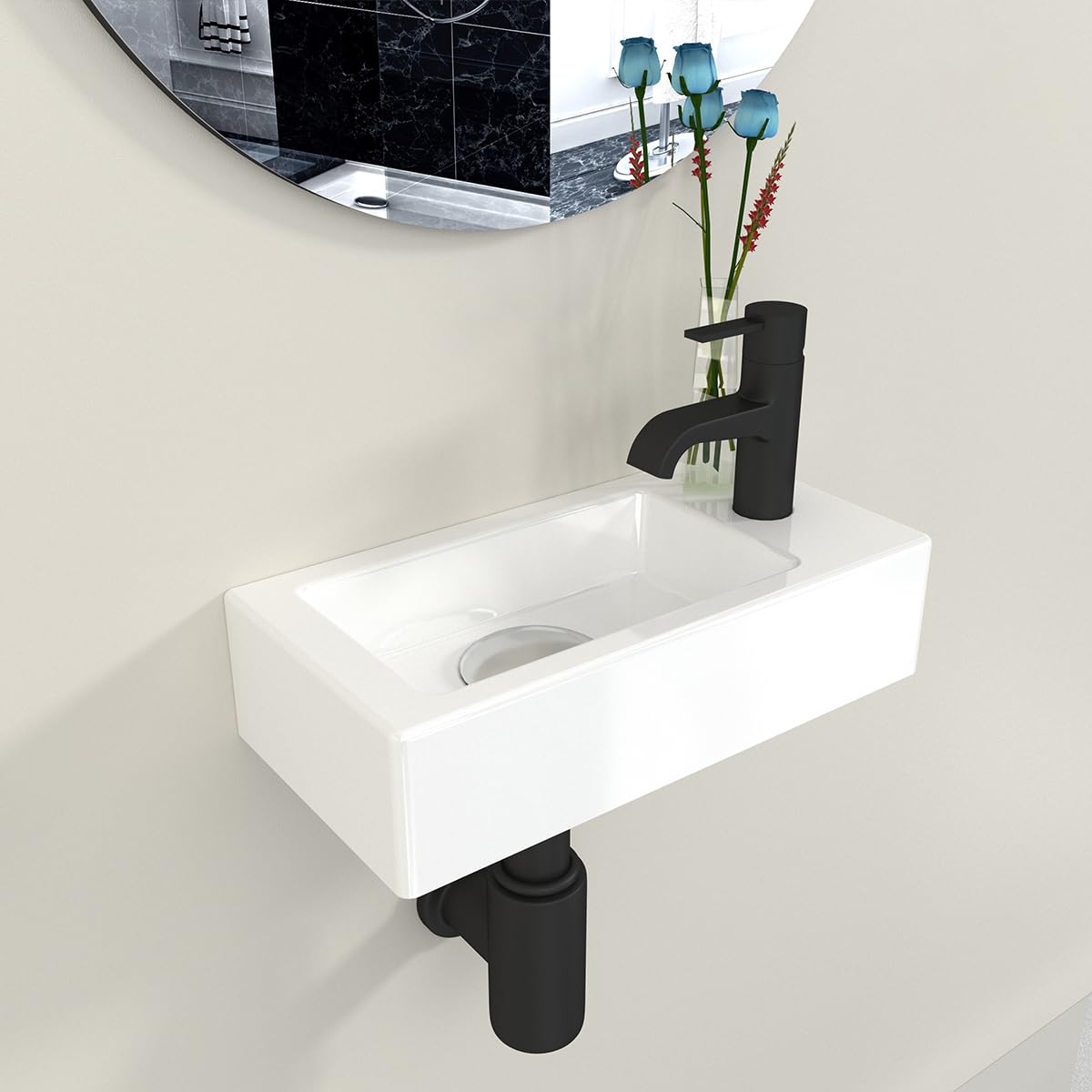 Lavabo Pequeño de Cerámica para Sobrepone o Suspender 36.5x18cm - Plato con Orificio para Grifo a la Derecha - Lavamanos Compacto para Baño, Aseo o Barco
