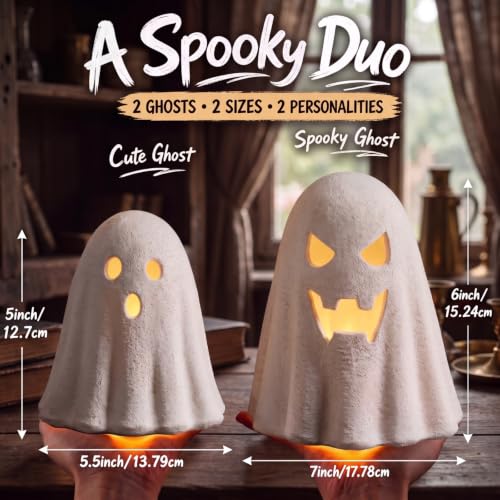 Patelai 2 Pcs Terracotta Halloween Ghost Figurines with LED Tea Lights - Image 2