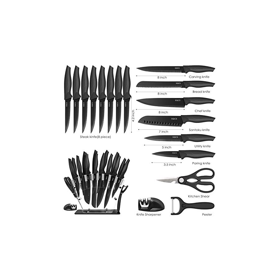 Rainbow Knife Set 18 Pcs Kitchen Knives Set Sharp Stainless Steel Knife Sets Contain 8 Steak Knives Sharpener Peeler Clear Acrylic Stand Beautiful Knife Best Gift (Black 18PCS Set)