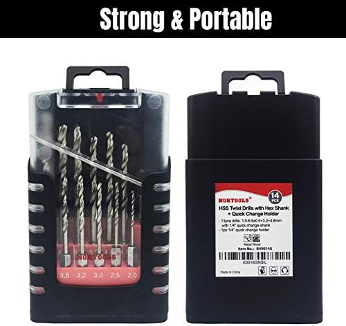 NORTOOLS 14PCS HSS Twist Drills DIN 338 with 1/4 Quick Change Hex Shank