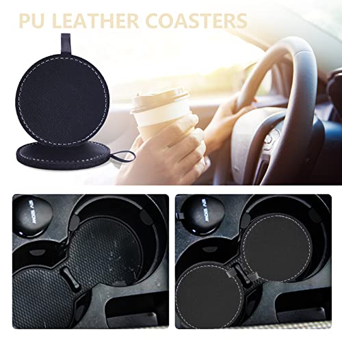 Cueclue 2 Pcs Car Cup Coaster, 2.75 Inch Premium Pu Leather Coaster With Holder, Waterproof, Heat Resistant Drink Coaster Universal Non-Slip Cup Holders Embedded In Ornaments Coaster (Black) #TOP5