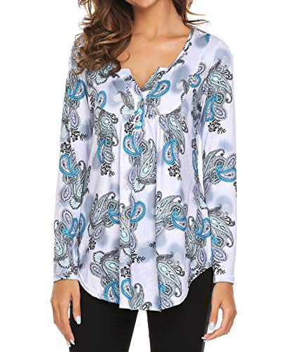 Tunic Tops for Leggings for Women Plus Size Long Sleeve Shirts Henley V-Neck Pleated Casual Paisley Blouses 3x Green