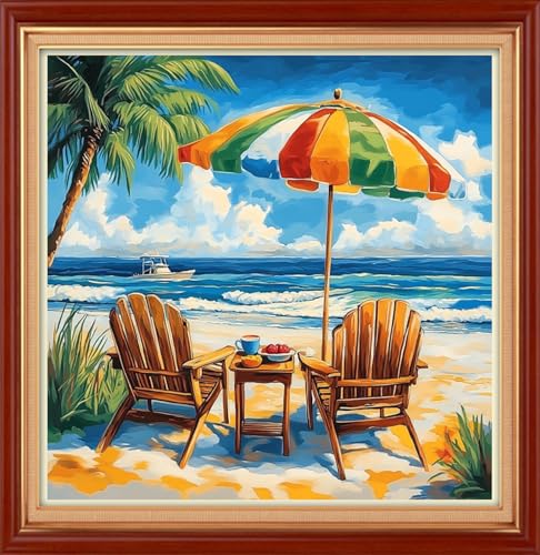 Image of Joyhoor Stamped Cross Stitch Kits for Beginners Needlepoint Kits for Adults Embroidery Kits 11CT Counted Cross Stitch Kits Printed Embroidery Pattern-Seaside Beach 18x18 inch