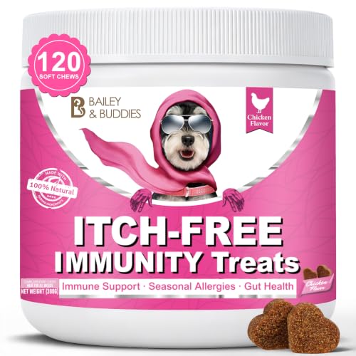 Bailey & buddies ITCH-FREE Allergy Relief Chews for Dog - 120 Soft Chews with Omega-3 and Probiotics - Soothe Itchy Skin Paws Ears -Seasonal Allergy Support for Scratching Itching and Hot Spots