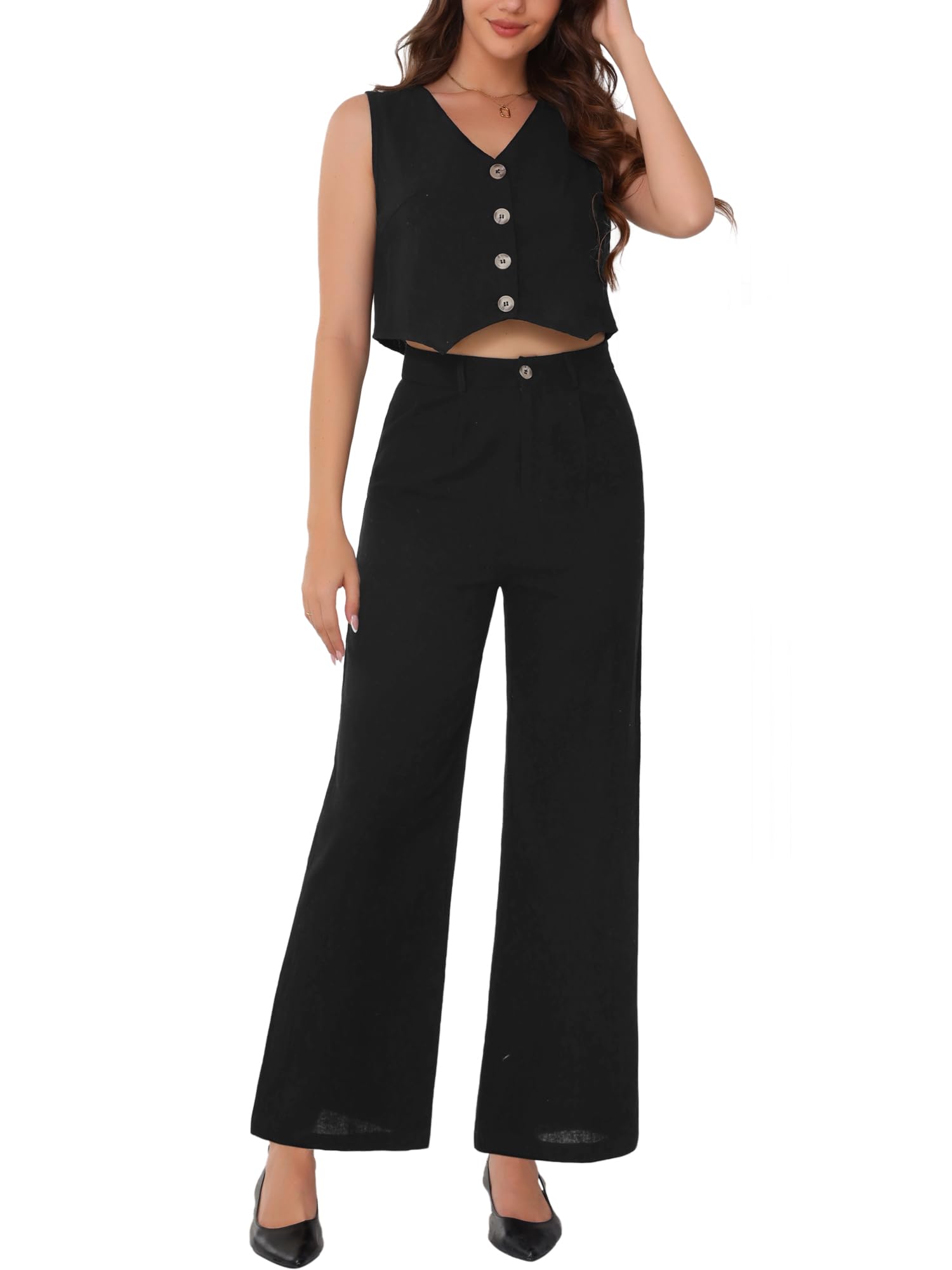 Allegra K Summer Two Piece Sets for Women Linen Crop Vest Wide Leg Pant Suits Dressy Casual Outfits