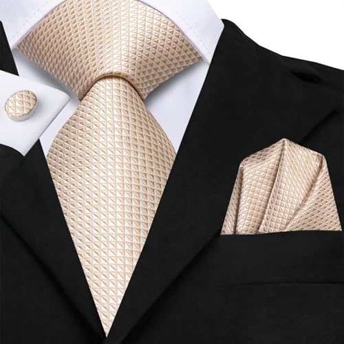 Image of Hi-Tie Mens Plaid Ties Classic Paisley Necktie with Handkerchief Cufflinks Set Business Stripe Tie