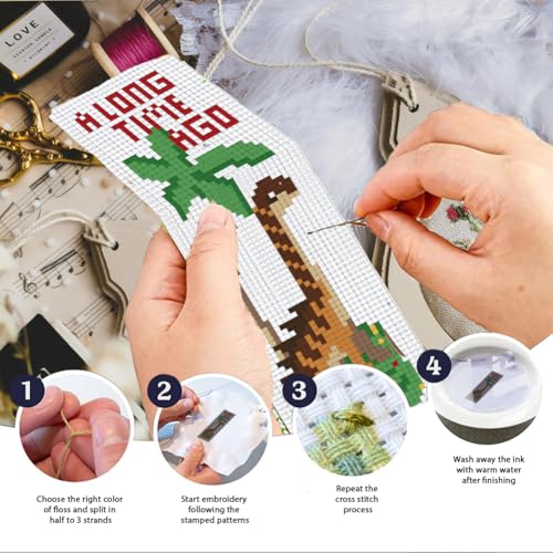 Image of INFUNLY 6 Set Cross Stitch Bookmark Kit Dinosaurs DIY Cross Stitch Kit 8 inchx2.4 inch Pre-Printed Tyrannosaurus Stamped Embroidery Bookmark with Instruction Cross Stitch Kits for Beginners Book Lovers Gifts