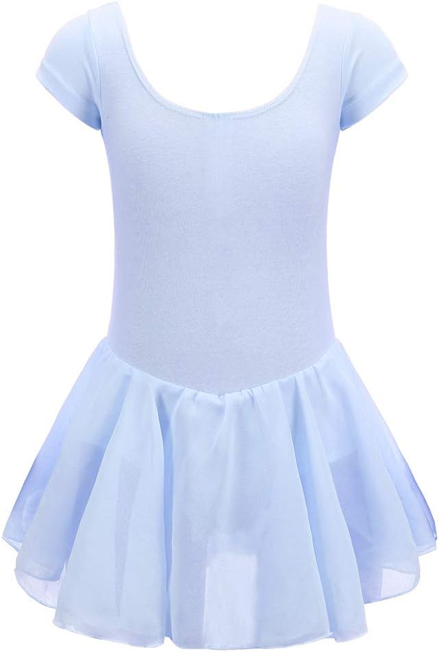 Tigerhu Girls' Skirted Short Sleeve Leotard for Ballet Dance Dress with Adjustable Crotch, Blue 150