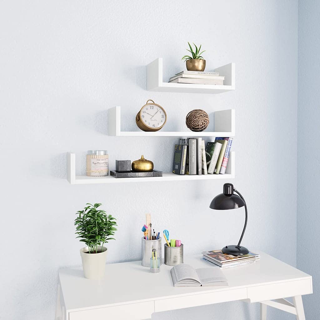 Set 3 Mensole a Muro a U in Legno Multistrato Bianco | Design salvaspazio a U per organizzare libri e piante in soggiorno, cucina o camera da letto con carico massimo 40 kg.