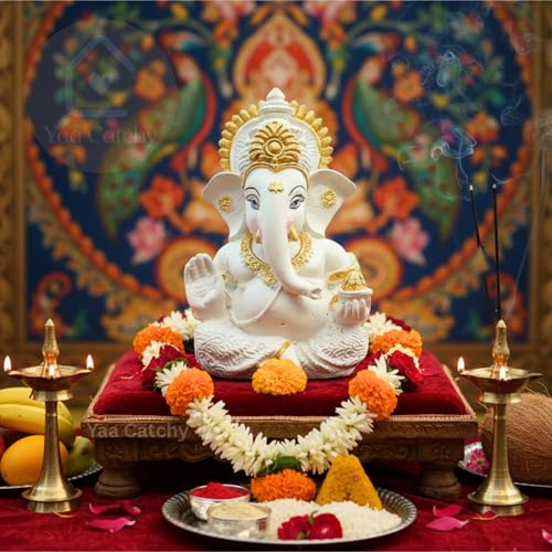 Image of White & Gold Ganesha Idol Car Dashboard Idol Ganesha Murti Ganpati Idol for Home Decor Pooja Lord Ganesh Statue Gift for Office Desk Pooja Room (Ganesha Resin White & Gold)