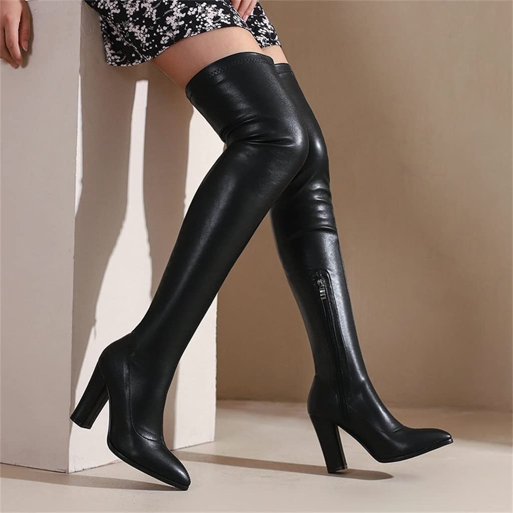 MIYYO Winter Overknee Stiefel Mit Reißverschluss Damen Sexy High Heels PU-Leder Stretch Langschaft Boots Fashion Spitz Ritterstiefel Frauen Elegant Party Schuhe