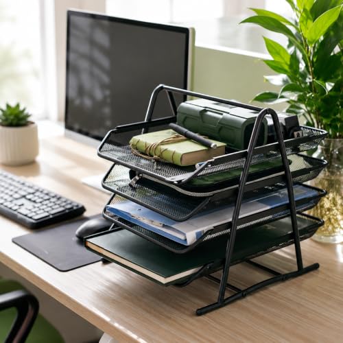 Image of Metal Mesh 4 Tier Document Rack for A4 Files, Desk Organizer