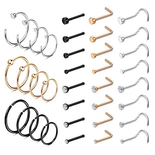 Bodybonita Nose Rings Hoop Surgical Stainless Steel L Bone Screw Shaped Nose Rings Studs Hypoallergenic Nostril Nose Piercing Jewelry For Women Men Silver Rose Gold Black Rainbow #TOP6