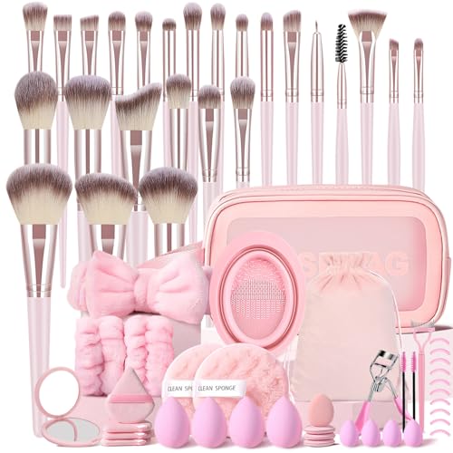 MZGGDM 64Pcs Pink Makeup Brushes Set with Case Professional Foundation Powder Concealers Eyeshadow Contour Blush Makeup Brush Kits Travel Make up Brushes & Tools Eye and Face Makeup Kit