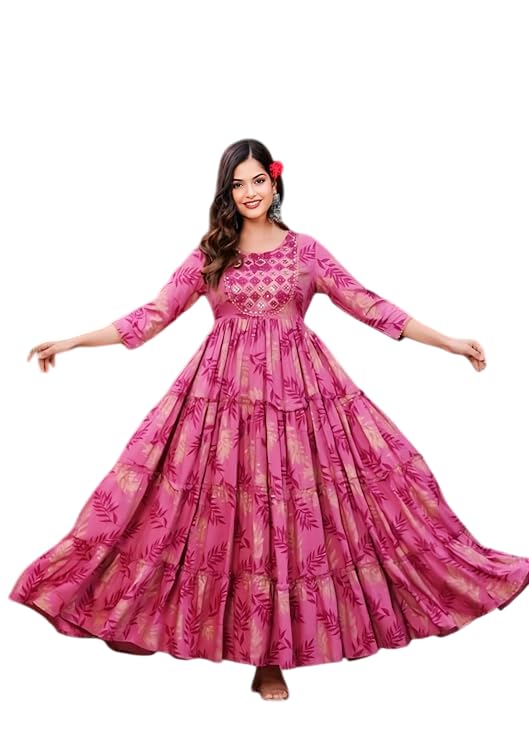Floral Print Long Dress, Cotton Blend, Leaves Pattern, 3/4 Sleeve, Tiered Design, Embroidered Yoke-image-14
