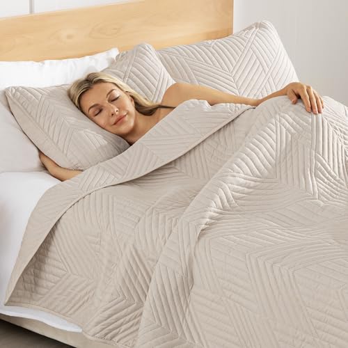 Exclusivo Mezcla Ultrasonic Full Queen Quilt Bedding Set, Lightweight Brich Beige Bedspreads Soft Modern Geometric Coverlet Set for All Seasons (1 Quilt and 2 Pillow Shams)