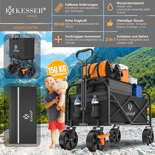 KESSER® Bollerwagen faltbar Handwagen Transportkarre max. 150kg Tragkraft & 360° PVC-Reifen Gerätewagen inkl. 2 Netztaschen, Seitentasche & Abdeckung Transportwagen Gartenanhänger ohne Dach, Schwarz