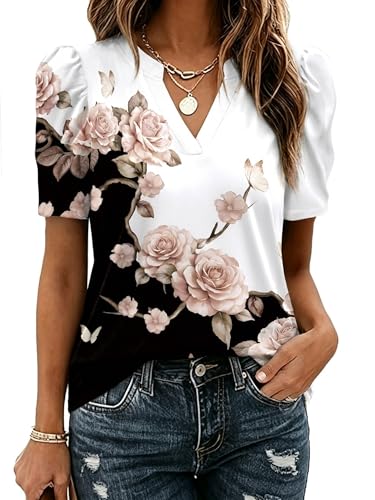 Image of Zeagoo Women Blouses Puff Short Sleeve Tops V Neck Dressy Casual Spring Shirts Boho Floral Cute Clothes 2026