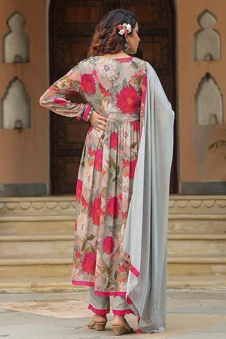 Image of KD Georgette Women's Anarkali Floral Printed Kurta Pant Set with Dupatta Kurta Kurti for Women