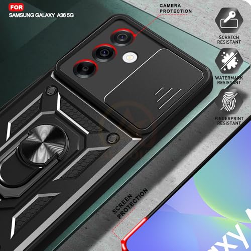 Image of Armor Bumper Back Cover Case for Samsung Galaxy A36 5G Rotating Camera Cover, Ring Holder & Kickstand | Heavy Duty & 360 Degree Protection Samsung Galaxy A36 5G Back Cover (Black)