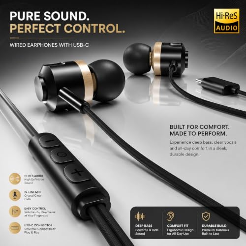 Image of Kratos Tune V7 C Type Earphones Wired, Deep Bass Drivers Earphone, Inline Control Type c Headphones with Mic, Comfort Fit Type c Earphone with Volume Control,Metallic C pin Earphones (Black)
