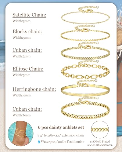 Image of Besteel Ankle Bracelets for Women Waterproof - 14K Gold Plated Non Tarnish Layered Cuban Link Chain Rope Figaro Herringbone Anklets Set Plus Size Anklet Summer Foot Jewelry Gift Adjustable 8-12 Inch