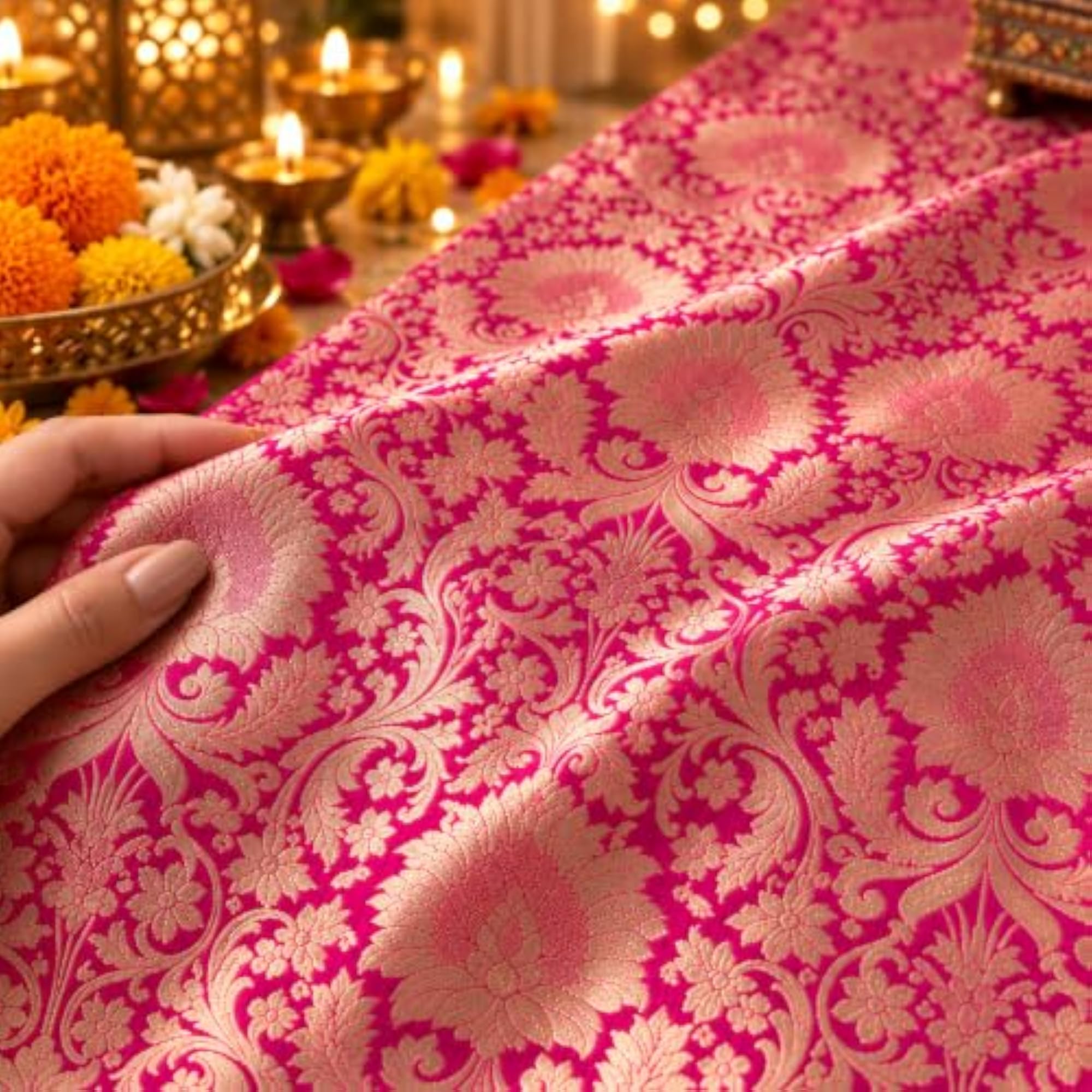 Pink Banarsi Brocade Silk & Gold Jacquard Table Runner